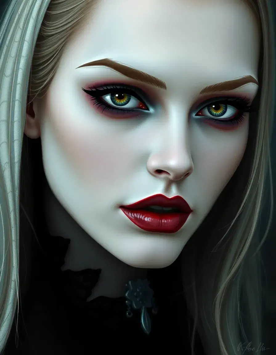 semi-realistic fantasy art portrait of a female vampire with pale-white skin and gothic makeup wea