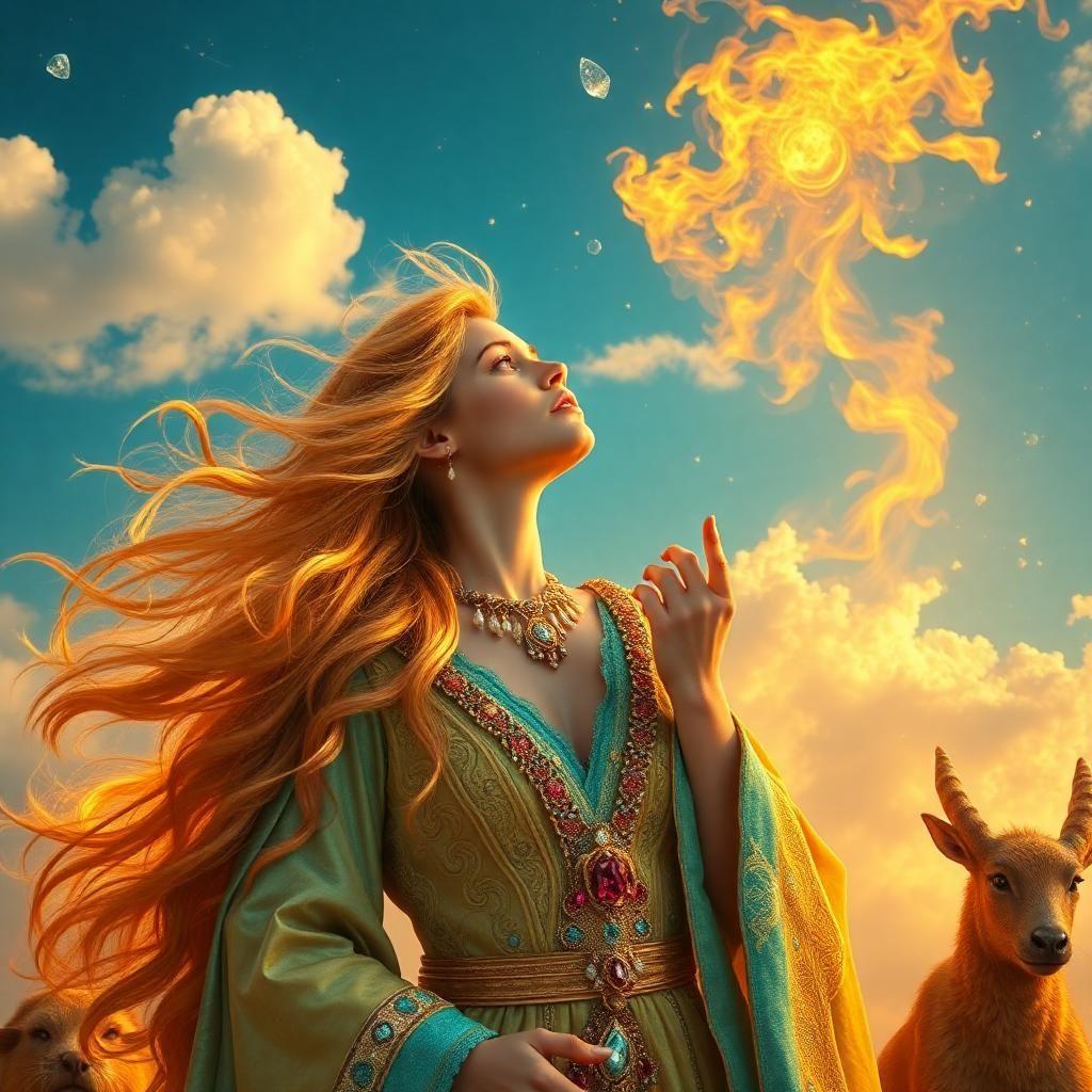 ambiance féérique et extravagante : 

une femme vêtue de vêtements celtiques en or et émeraude, avec des cheveux longs qui s'enflamment comme des flammes dans le vent chatoyant, chantant en regardant le ciel azur, incrusté de diamants, avec rien que la puissance de sa voix, pas de micro ni d'instrument.

les vêtements miroitent d'étoiles et de perles, et ses longues cheveux sont entortillées de rubis et de topaze. ses yeux brillent comme des rubis édités par l'amour de la magie.

les bulles d'air sont remplies de lucioles qui dansent comme des fantômes de feuilles, et des animaux attendant les attendent avec curiosité, le corps couvert de pierres précieuses, les têtes entourées de joyaux scintillants, si bien au courant des émotions du cœur de la femme, les loups, chat et les ailes transparentes volente.