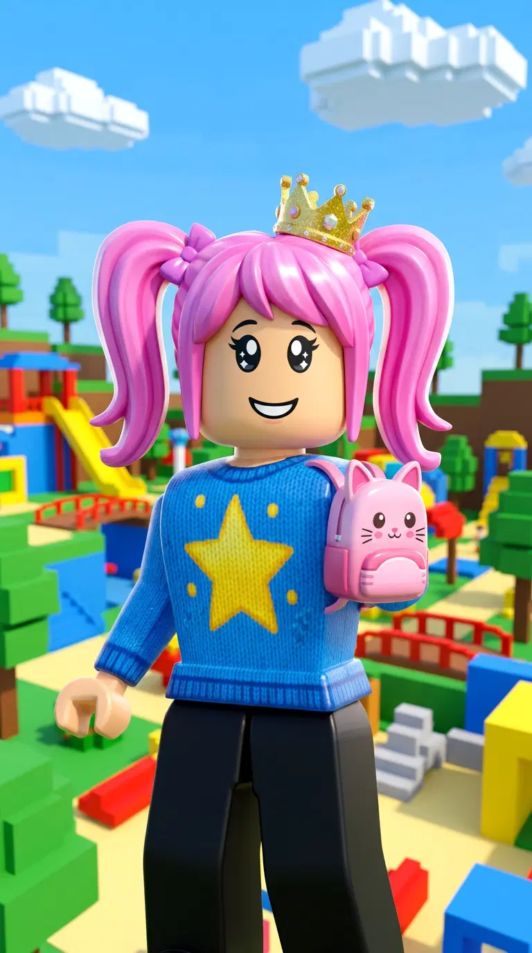 Original Roblox avatar in the classic Roblox 3D style: a blocky character with pink pigtails, a star sweater, a tiny crown and a cat backpack, cheerful face, plastic toy shading, sunny Roblox park obby in the background. Portrait framing from the waist up, face in the upper third of the frame, one character only. No text, no logo, no watermark.