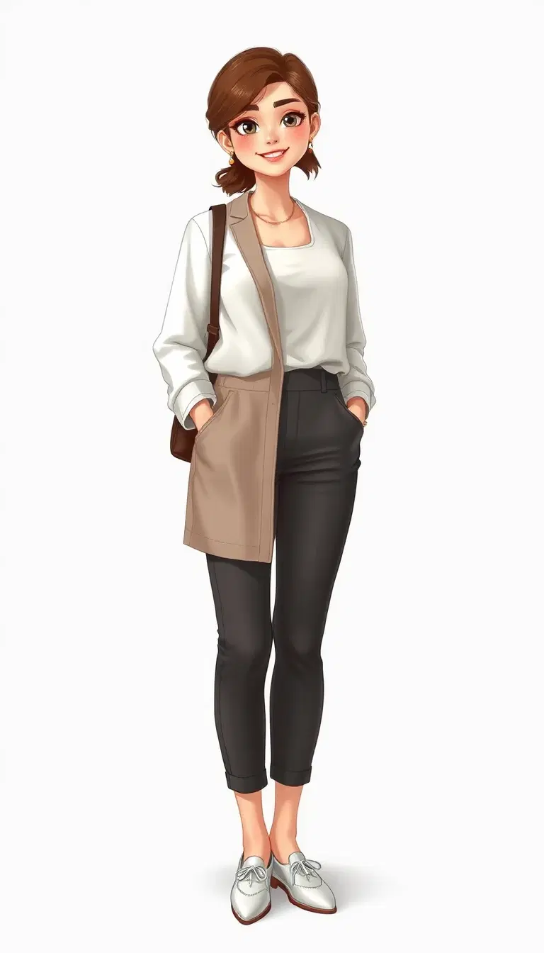 "Full body portrait of an original realistic young woman character named Irman, standing naturally, visible from head to toe, wearing a simple elegant casual outfit, natural hairstyle, friendly smile, realistic human appearance, soft expressions, not a cartoon, not a doll. Full body, complete character design, vertical 9:16 make it lill chubby