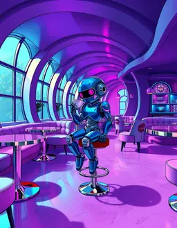 a surreal, dreamlike coffee shop interior where the very space folds into impossible, recursive geometry: walls twist into mobius‑strip arches, windows curve into recursive concentric circles, and the floor seems to ripple like a liquid surface, creating non‑linear depth cues and paradoxical vanishing points. the lighting is unconventional, casting chromatic gradients that shift from deep violet to electric teal in irregular, dissolving patterns, while the shadows stretch, split, and soften in a fluid, elastic way, defying ordinary radiometric falloff. materials across the scene oscillate between matte softness and high‑gloss reflectivity—polished chrome tables gleam next to plush, velvet‑like cushions—creating an unsettling duality that blurs organic tactility and artificial sheen. at the center, a stylish humanoid robot sits on a barstool in a relaxed, unbothered pose. its chibi‑mature anime design features spriggan‑inspired mechanical detailing: articulated joints, sleek panels, and subtle gear accents. the robot’s armor is finished with a glossy blue candy sheen, reflecting the surreal light in dazzling, iridescent flashes. its body language is loose and carefree, with a relaxed “eh, whatever” expression as it sips motor oil from a tiny espresso cup. the scene is rendered in detailed 2d linework with soft cel shading, giving it a polished, cinematic cafe feel while maintaining a drawn, illustrative quality.