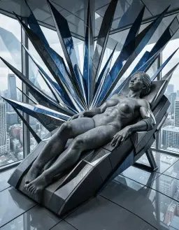 colossal sand sculpture of a human female reclining on a sleek chaise in a glass corporate laboratory overlooking a bustling city, perfect complete anatomy with one coherent body, two natural arms and legs, each hand with five fingers and each foot with five toes, all limbs fully visible and correctly jointed, smooth natural skin, no deformities, no missing or extra limbs, no fused digits or malformed joints, vorticism style with sharp angular machine‑like forms radiating from a central vortex of converging lines, fractured planes and hard‑edged wedge geometry, dense centripetal composition, palette of black, deep blue, harsh white and metallic accents, bold graphic outlines and mosaic‑like texture, architectural spatial illusion, glass surfaces and city backdrop rendered in precise geometric planes.