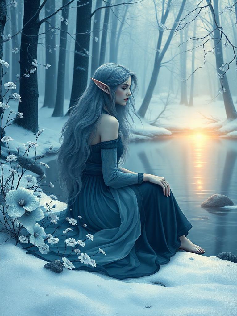 Generate an image of an elven woman sitting gracefully by a forest pond, encapsulating a mood of tranquil serenity and natural beauty. The scene is calm, with her flowing hair and dress integrating seamlessly with the organic lines of flowers and vines in the style of Art Nouveau. Use a soothing winter palette of icy blues, frosty whites, and deep navy tones, evoking the cool peace of a snowy landscape. Add hints of cool lavender and silvery teal to enhance the ethereal, otherworldly feel. Soft and diffused lighting bathes the scene, casting a gentle, golden glow on the pond, inviting a sense of mystery, solitude, and reflective beauty. This creates a peaceful atmosphere where the viewer feels connected to nature and inner calm.