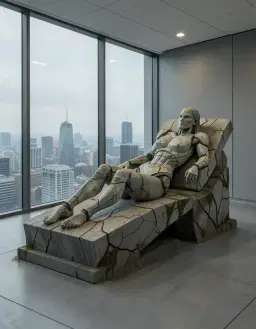 colossal sand sculpture of a statuary cyborg female reclining on a sleek chaise with a gentle neon glow in a glass corporate laboratory overlooking a bustling city, wabi‑sabi style with weathered, cracked surfaces and muted charcoal, rust, sage and cream tones, asymmetric sparse composition and quiet contemplative mood, aged wood grain texture and moss‑veined stone accents, ample negative space, muted palette, soft raking light highlighting eroded details, minimalist backdrop, muted palette.
