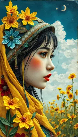 eastern girl portrait in fine‑grain film style, with bleached luminous highlights and deep contrast reversal, surreal tone inversion and otherworldly color shift. the image shows a magical illustration rendered as a textured polymer‑clay collage of newspaper cuttings, fabric swatches, metal fragments and dripping pigments from deep blue to bright yellow with gemstone accents. vibrant folk‑patterned threads of yellow, red, blue and emerald weave through the collage, while subtle oil‑paint splatters and tactile relief—finger indentations, tiny cracks, ridge lines—add depth. glowing foliage effect, dramatic sky darkening, and sharp ethereal clarity give the scene an otherworldly, luminous atmosphere.