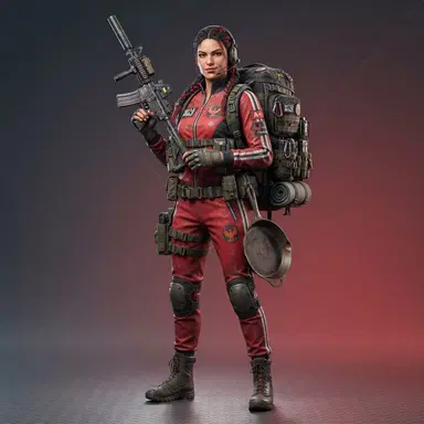 female battle royale operator in a red tracksuit with a large backpack and a cast iron pan, stylized realistic game render, clean gradient background, crisp high detail