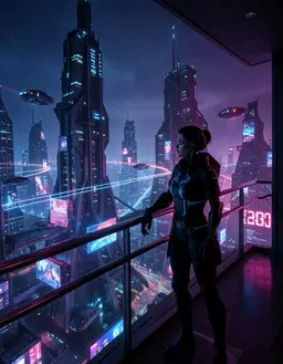 Anna Mech stands on a balcony overlooking the hyper‑futuristic cybercity of 3000, bathed in deep obsidian, electric blue and hot magenta light. She gazes down at massive brutalist spires and radical non‑Euclidean architecture, her silhouette illuminated by glowing holographic advertisements. Around her, organic‑shaped anti‑gravity maglev skiffs glide past, leaving streamlined luminescent light‑trails that cut through the dense atmosphere. The composition is cinematic and photorealistic, capturing the moody Blade Runner aesthetic while integrating Anna naturally into the scene.
