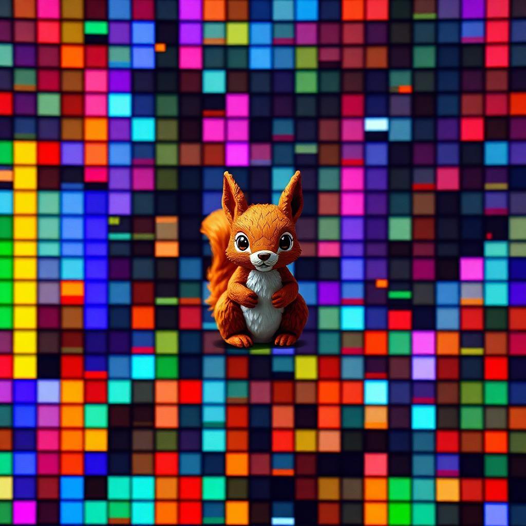 pixel art. screen. randomly colored columns of pixels. game sprites are severely distorted or misplaced, their distorted bodies and limbs stretching out to an unnatural degree as if pulled and warped by an unseen force. game is desperately trying to display two screens at the same time, the boundaries between the screens beginning to blur and fade in a riot of color. in the center of this chaotic mess, a small paper-like 2d model of a furry red squirrel sits perched, its eyes wide with a look of timeless detachment amidst the digital mayhem.