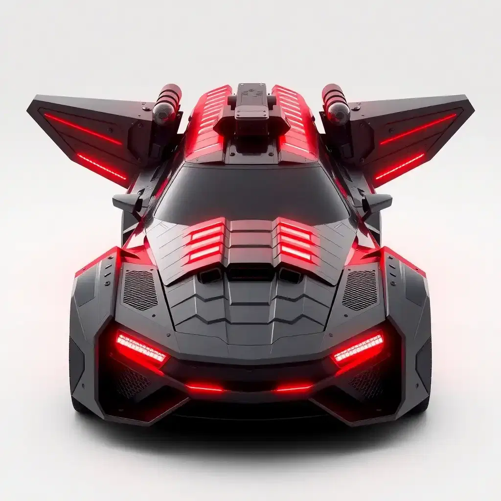 "create an ultra-realistic 3d-rendered image of a heavily armed, futuristic machine gun car, 'maverick x-9'. the vehicle is designed like an exaggerated machine gun, with an elongated, assault rifle-style barrel serving as the hood. it's wrapped in interlocking panels, like the segments of a real machine gun. 

this aggressive car features glowing, crimson-red led strips that follow the curve of the barrel, pulsating with a menacing energy. angular, metallic wings protrude from the back, housing two rocket pods, each containing 4 high-powered missiles. the side panels are adorned with an intricate pattern of stainless steel mesh and hexagonal vents, meant to dissipate the immense heat generated by these missiles.

twin, steam-spewing, afterburner nozzles, resembling dragon's breath, are mounted on either side, near the cockpit, which is designed as a stylized, heavy-duty sniper scope. the wings pivot on adjustable, hydraulic mounts, providing enhanced maneuverability during rocket launches.

a cluster of eight, glowing, blue-purple tractor beams radiate from the main gun barrel, creating a protective force shield around the vehicle. the wheels are shrouded in a ring of rotating, pulsating led stripes, resembling the armor plating on military vehicles.

in the background, a dark, dystopian cityscape unfolds, with towering skyscrapers, ravaged by gunfights and explosions, casting long shadows across the ground. buildings on fire illuminate the night sky with a fiery glow, while smoke and ash from the ongoing battles fill the air. a dark, foreboding fog shrouds the battlefield, adding to the tension and chaos. 

the art style should evoke a sense of gritty realism, combined with the sheer spectacle of a high-tech, rocket-powered machine gun car that seems almost otherworldly. the image should be rich in texture and detail, with an emphasis on realism and storytelling. the overall mood should be intense, aggressive and thrilling."