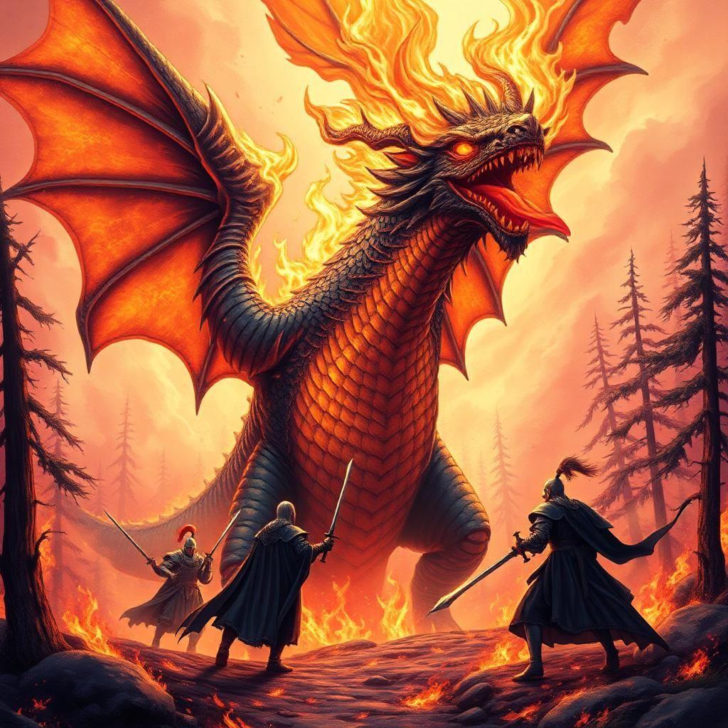 a blazing, hyper-detailed medieval tapestry-style illustration, infused with a dreamy soft pastel hue, depicts knights engulfed in a serene yet majestic inferno as they battle a colossal, fire-breathing dragon in a scorching yet whimsical forest. 

the dragon, monstrous and malevolent, yet somehow gentle, unfurls its massive, bat-like wings that shimmer with an ethereal glow, beneath which its dark, obsidian-black scales ripple and crackle with softly glowing, pastel-hued lava flows, radiating soft warmth. 

golden eyes, now soft and serene, blaze with a gentle fury, flared by the softly burning flames, and tongues of soft, feathery flames dancing from its nostrils caress the knights as the beast unleashes a soothing, gentle roar, a sound soft enough to calm the savage beast and shatter stone, yet also splinter steel.  

a soft wall of pastel-hued flames surrounds the combatants, and the knights' gleaming armor is coated with a warm, golden sheen as the pastel heat softens their edges, their swords raised to deflect the waves of soft, shimmering fire as they charge forward with quiet determination, fueled by a gentle longing to vanquish the beast and salvage what is left of their kingdom.