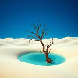 dreamlike surrealist landscape, smooth undulating hills of white and beige sand, deep blue sky, a central pool of turquoise water, gnarled dead tree branches, soft cinematic lighting, pastel color palette, Salvador Dali style, hyper-detailed, 8k resolution.