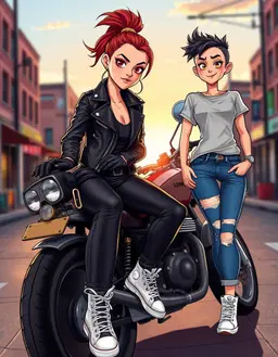 biker girl, a confident young woman wearing a sleek black leather biker jacket with silver zippers and studs, sitting on a rugged motorcycle, leather gloves and black boots, hair pulled back in a high ponytail, expression fierce and adventurous; tom boy female, a cartoon-style teen with short dark fo‑hawk haircut, wearing a casual blue jean and white t‑shirt, white converse sneakers, bright eyes and a playful smile, standing beside the biker girl, both characters rendered in vibrant, detailed cartoon illustration style, street backdrop with sunrise lighting, dynamic pose, vivid colors and sharp line work.
