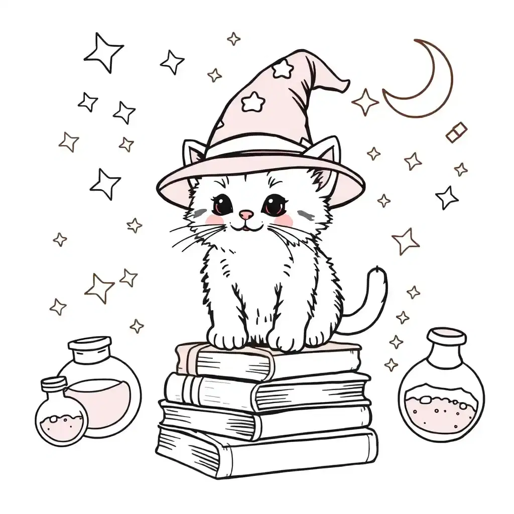 An adorable chubby kitten wearing a tiny wizard hat, standing on a stack of books with magical sparkles floating around. The background features whimsical elements like stars, a crescent moon, and potions. The line art is simple yet detailed, allowing room for creative coloring choices.