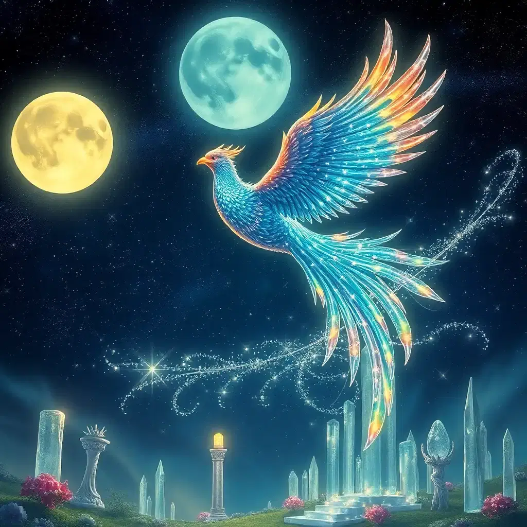 In a universe of infinite possibilities, behold a majestic lunar phoenix soaring through the star-strewn sky. Its iridescent feathers glitter like moonlit rainbows, each plume a tapestry of constellations. As it flies, the celestial creature leaves trails of ethereal stardust in its wake, painting the heavens with luminescent artistry. Beneath its flight path, a whimsical land of fantastical flora and towering crystalline sculptures catches the light, shimmering in the nocturnal glow.