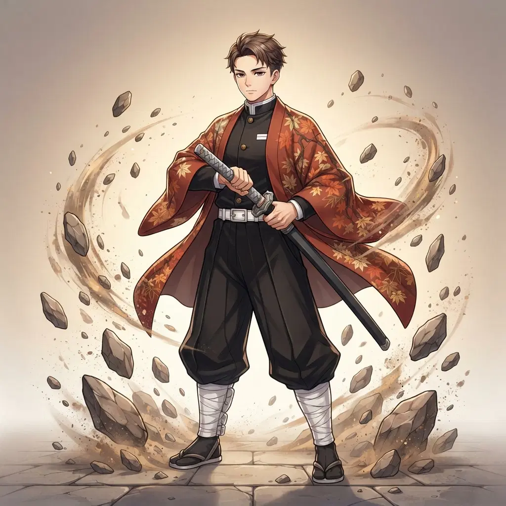 Anime illustration, original tall slayer, full body, black uniform under a rust-red haori with a leaf pattern, katana with a grey stone-coloured blade, cropped brown hair, calm face, chunks of rock lifting in a stone breathing effect, clean soft gradient studio background, vibrant, crisp