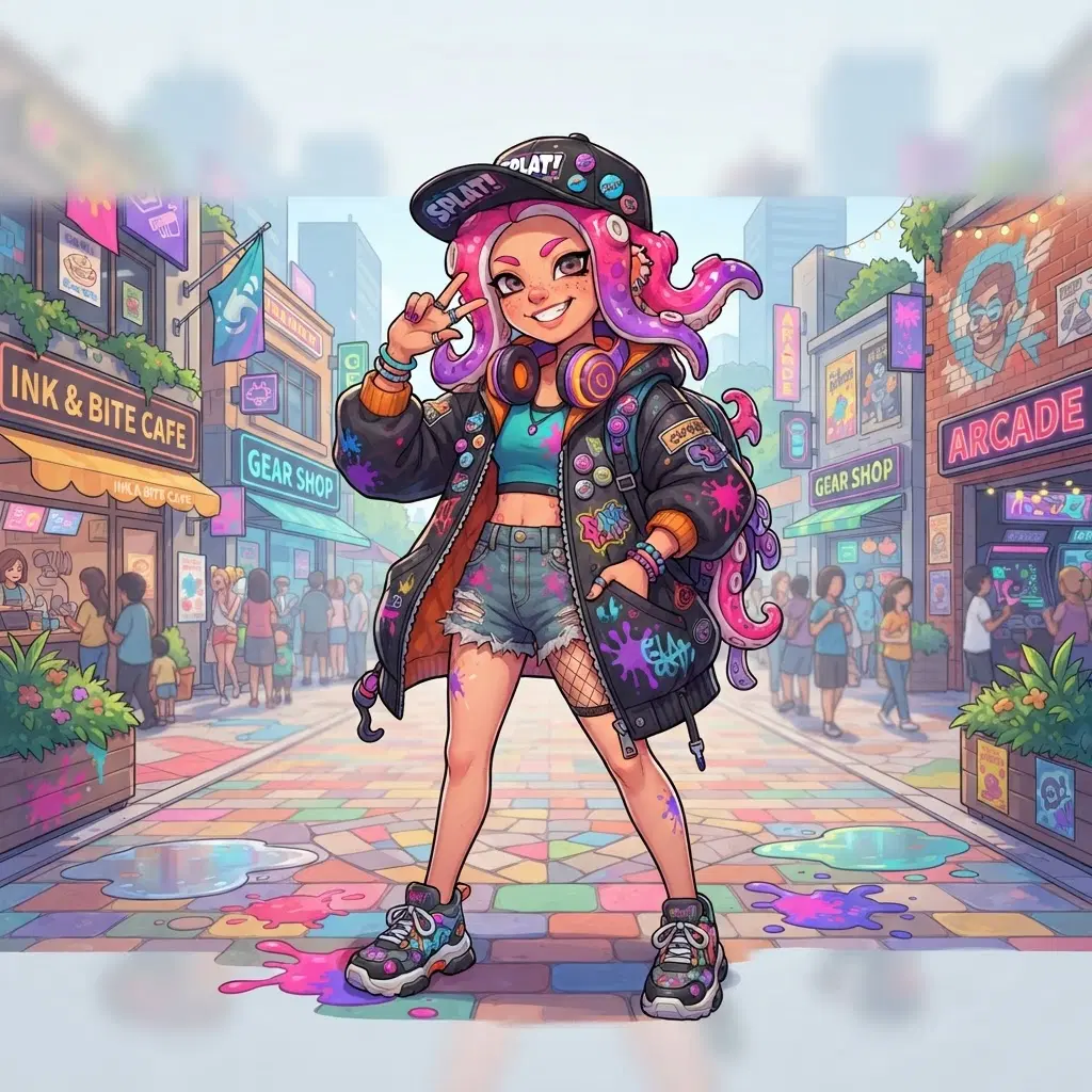 teen character with octopus style tentacle hair in hot pink and purple, oversized jacket, baseball cap, headphones around neck, ink splats, colorful urban plaza with shops, playful cel shaded style