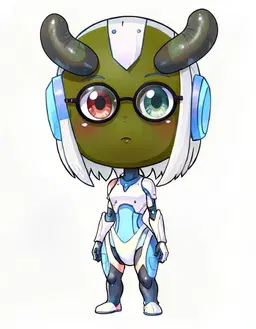 character portrait of female, a friendly humanoid robot with a sleek white and blue metal body, glowing cyan eyes and fine panel seams, waist-up, facing the viewer, fully clothed, silver white hair, heterochromatic eyes, an olive complexion, curved horns, round glasses, cute and sweet, in the style of Ben 10, faithful to its official art style, vivid saturated colors, head and shoulders, facing forward, plain flat white background