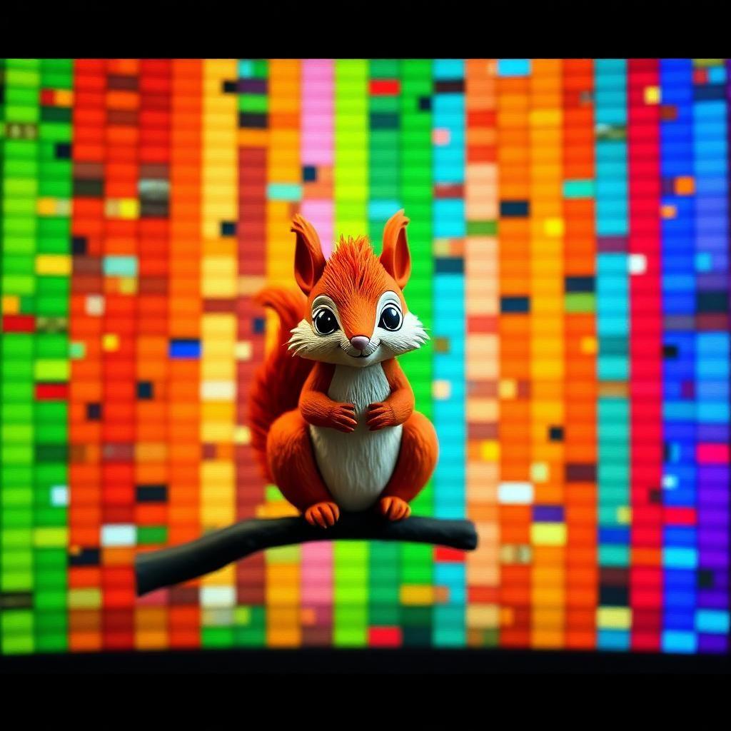 pixel art. screen. randomly colored columns of pixels. game sprites are severely distorted or misplaced, their distorted bodies and limbs stretching out to an unnatural degree as if pulled and warped by an unseen force. game is desperately trying to display two screens at the same time, the boundaries between the screens beginning to blur and fade in a riot of color. in the center of this chaotic mess, a small paper-like 2d model of a furry red squirrel sits perched, its eyes wide with a look of timeless detachment amidst the digital mayhem.