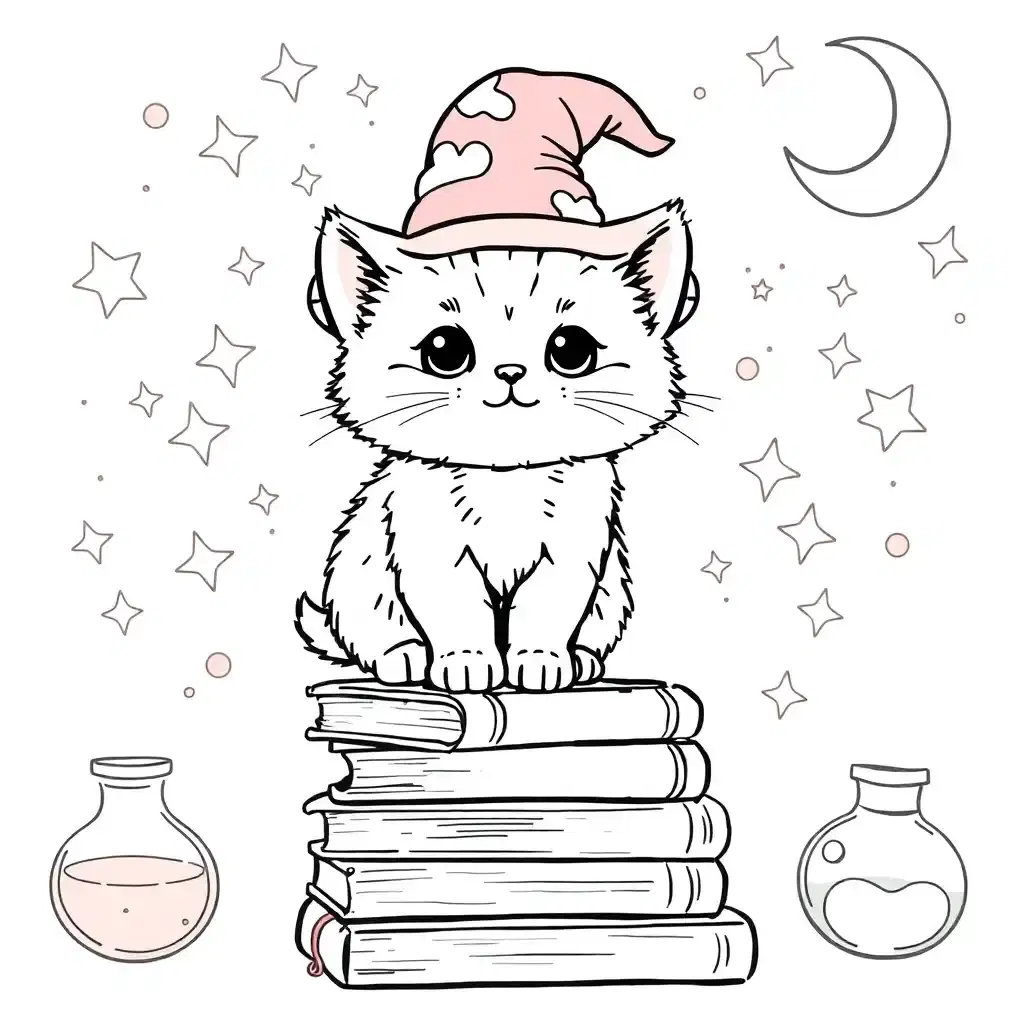 An adorable chubby kitten wearing a tiny wizard hat, standing on a stack of books with magical sparkles floating around. The background features whimsical elements like stars, a crescent moon, and potions. The line art is simple yet detailed, allowing room for creative coloring choices.