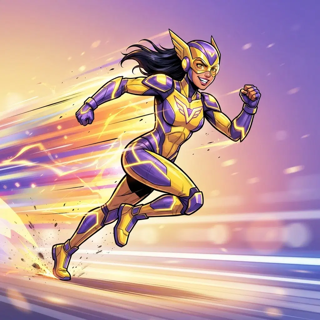 original character: a speedster hero in a sleek yellow and violet bodysuit mid-sprint, motion streaks, confident grin, bold comic book cel-shaded illustration, clean soft gradient studio background, vibrant, crisp high detail
