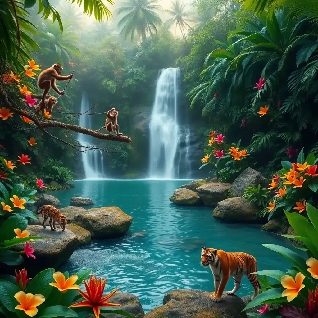 A hidden tropical paradise, where waterfalls cascade into natural pools surrounded by dense jungle. Exotic flowers bloom in every direction, their petals rich with vibrant hues. A family of playful monkeys swings from the vines while a lone tiger watches from the shade, its amber eyes gleaming. The air is thick with the songs of unseen creatures, and the entire scene feels like a glimpse into a lost Eden.