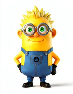 character portrait of male, a small round yellow cartoon helper with two goggled eyes and blue overalls, fully clothed, blond spikes, vivid green eyes, normal ears, round glasses, cool and confident, in the style of Despicable Me animation, Illumination 3D cartoon look, glossy yellow minion with goggles and overalls, bright cheerful lighting, head and shoulders, facing forward, plain flat white background