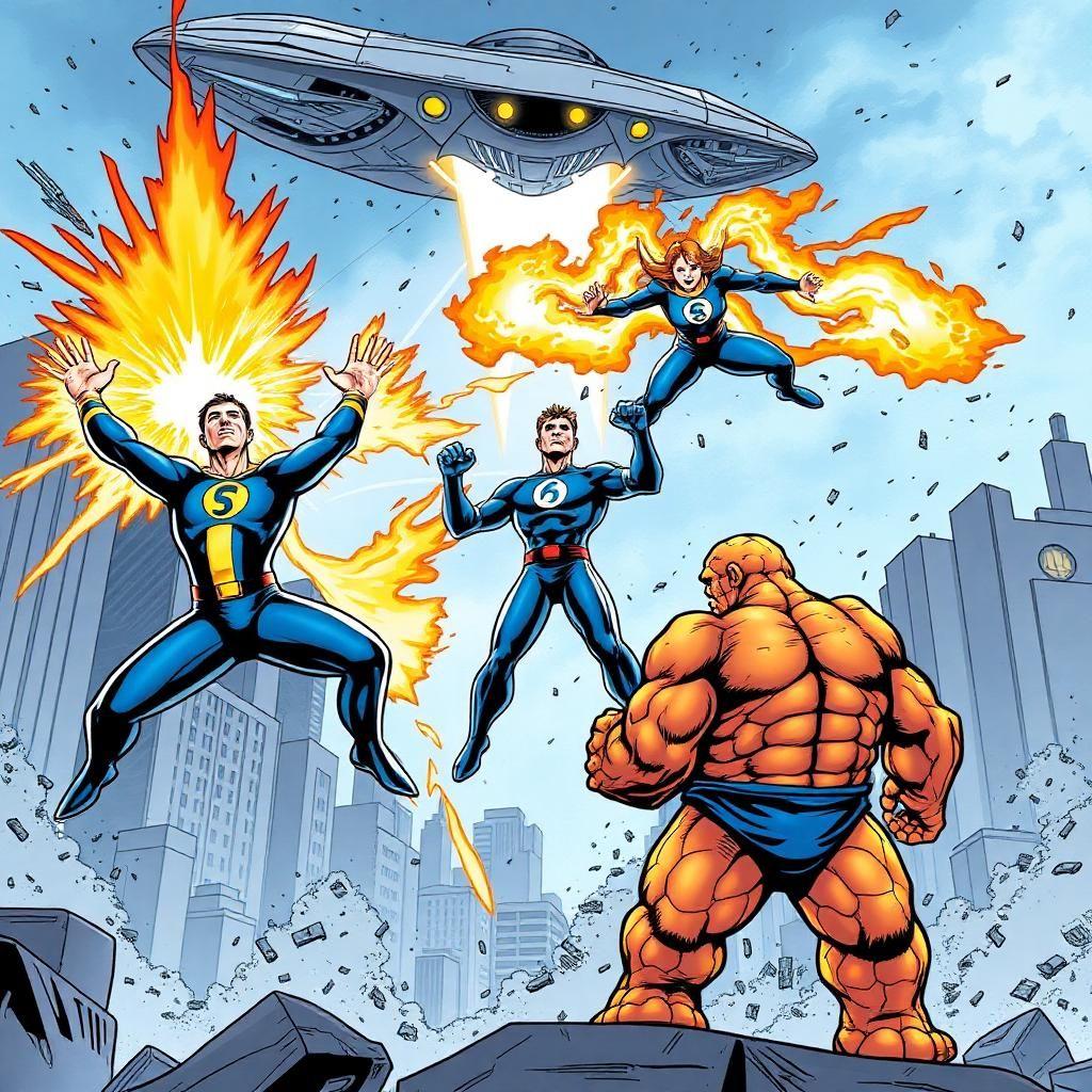 A dynamic comic book illustration of the Fantastic Four in action, showcasing their unique abilities. Mister Fantastic stretches his body in impossible shapes, forming a barrier against an incoming energy blast. The Invisible Woman is mid-air, forming a powerful force field to protect the team, her body partially phasing into invisibility. The Human Torch flies above them, engulfed in flames, leaving a trail of fire in the sky. The Thing stands in front, fists clenched, his rocky orange skin glowing under the destruction around them. The backdrop is a futuristic cityscape with an ominous alien spaceship hovering above, preparing to strike.