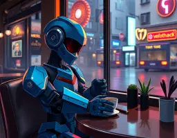 a stylish humanoid robot, spriggan‑inspired mechanical design with glossy blue candy‑finished armor, lounges at a quiet coffee shop sipping motor oil from a tiny espresso cup, rendered as a chibi mature anime illustration with detailed 2d linework and soft cel shading, now bathed in cyberpunk glow and vibrant neon accents, holographic displays flickering over the table, rain‑slicked streets reflected in the window, all captured in a cinematic shot with soft diffuse lighting, subtle volumetric haze, atmospheric scattering, a dreamlike liminal fantasy painterly semi‑realism, ethereal fine‑art atmosphere, muted desaturated palette of warm mineral neutrals and cool botanical tones, matte weathered surfaces, gentle painterly depth of field, and a refined, restrained visual style.