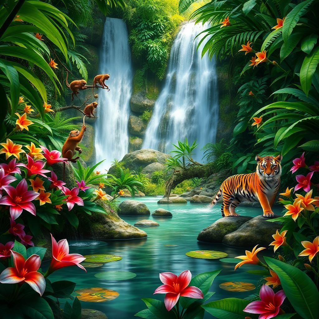 A hidden tropical paradise, where waterfalls cascade into natural pools surrounded by dense jungle. Exotic flowers bloom in every direction, their petals rich with vibrant hues. A family of playful monkeys swings from the vines while a lone tiger watches from the shade, its amber eyes gleaming. The air is thick with the songs of unseen creatures, and the entire scene feels like a glimpse into a lost Eden.