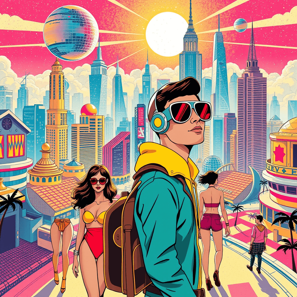 Illustrate a futuristic celebration of retro design, with human figures illustrated in bold pop art colors, set against a shimmering city that mirrors an explorer's paradise from another era. The vibrancy encapsulates a society that blends the ideals of futuristic optimism with timeless style.