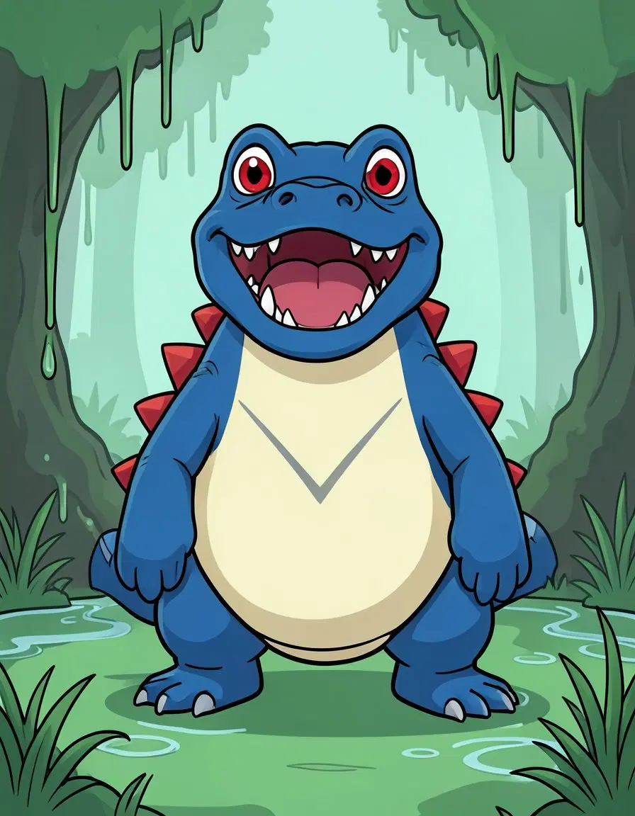 Original water-type fakemon, a pokemon OC: chunky blue crocodile monster with a wide open jaw of sharp teeth, round red eyes, cream belly with a V marking, red back spikes, in a misty swamp. Flat cel-shaded monster-taming game art, bold clean outlines.