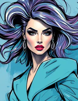 regal woman in high‑fashion, confident pose, dramatic eyes and luxurious hair swirling amid vibrant sketch‑like lines, rendered in cool blues, teals, soft violets and blue‑gray shadows; astrid vos chic‑edgy style dominates with strong dynamic expression, high‑fashion elegance, stylized close‑up face, dramatic eye detail and vibrant artistic fashion sketches; bold vector lines define her elegant silhouette and flowing garments, crisp metallic highlights create glass‑like textures and refined steel accents, delivering a sophisticated modern fashion illustration.