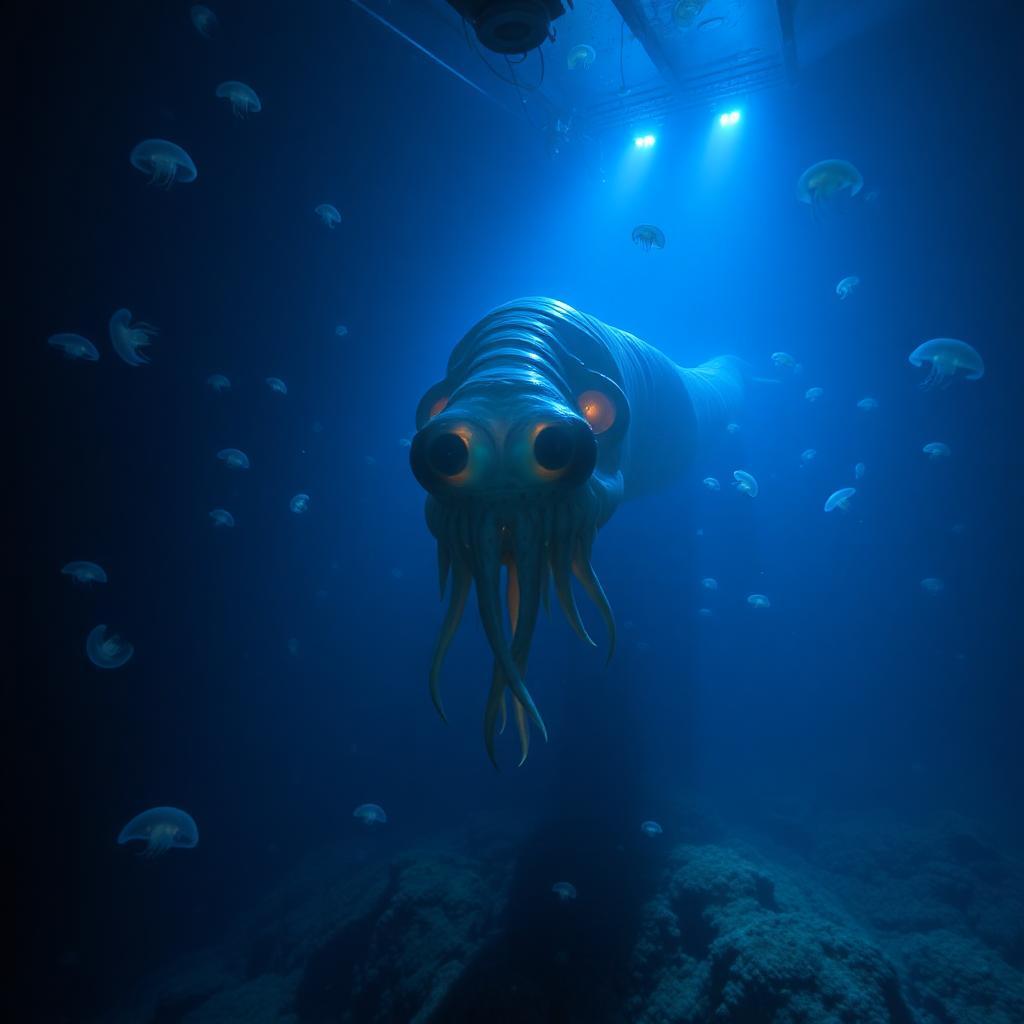 A deep-sea expedition captures the first-ever high-resolution footage of a giant, unknown sea creature. The creature’s elongated, bioluminescent body glides through the abyss, tentacle-like appendages undulating gracefully. The submersible’s lights cast eerie beams across the creature’s massive, ancient-looking eyes, which seem to study the camera. Schools of glowing jellyfish float around it, adding to the ethereal, otherworldly atmosphere. The ocean floor is barely visible in the distance, covered in strange, coral-like formations that hint at an undiscovered ecosystem.