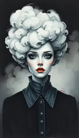 female model with voluminous cloud‑like hair, pale complexion, dark eye sockets and a high‑collared garment, centered in an abstract, ethereal misty space. rendered as a black matte background illustration using pastel crayons, oil pastels, watercolor pens, acrylic pens, graffiti strokes and charcoal pencil, with playful, slightly damaged brushstroke textures and a screen‑printing effect. the composition is a vertical medium close‑up, eye‑level perspective, soft ambient lighting and low‑contrast cool tones, emphasizing the surreal fashion subject within the dark, textured artistic style.