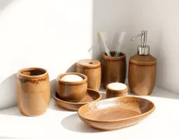 make ceramic rough brown paint bathroom organiser like soap dispensor, toothbrush holder , soap dish, candle pot, dispenser, set etc on solid white backgorun without ground shadow