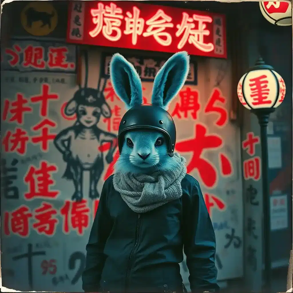 Gritty vintage photo, blurred, grainy, worn. A soft female furred blue rabbit punk stands in front of a Shinto graffiti wall. The wall is covered in red and blue Shinto rabbit graffiti, incantations, and summoning seals. Charms, bells, banners, and artifacts add to the chaotic atmosphere. The image has a vintage Polaroid style, showcasing the intense and menacing vibe of the scene. Mystic patterns enhance the enchanting and mysterious feel of the city location where magic and darkness intertwine. The low-resolution grainy image captures a moment from the 1980s Japanese bunny nightlife, with muted colors and dreamlike lighting. A Japanese Yakuza bunny biker with a cute rabbit helmet is featured in a mysterious, foggy old Shinto district with faded neon signs, creating an eerie yet enchanting atmosphere. The old photo shows a Japanese yakuza gang wearing cute bunny masks in a city filled with neon Shinto signs, rabbit graffiti, and symbols. The spooky wall is covered in red and blue rabbit symbols, incantations, and charms, creating a mystical ambiance.