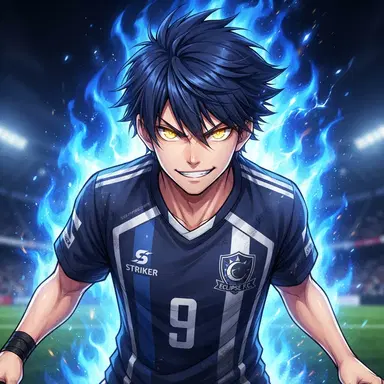 anime soccer striker original character portrait, close up bust shot, sharp confident smirk, spiky navy blue hair, intense glowing golden eyes, dark blue and white football jersey, dramatic blue flame aura behind him, sports anime style, clean gradient background, vibrant, crisp high detail, digital illustration