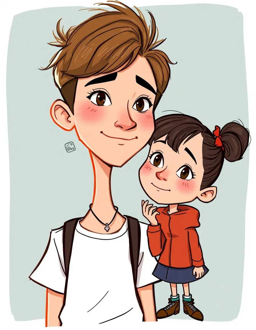 Transform the subject from the uploaded image into a character in the style of Charlie and Lola (children's cartoon). Match the official cartoon look - thin sketchy outlines, flat colors, childlike proportions, playful hand-drawn charm, and simple textures.

Retain the subject's original clothing, hairstyle, facial features, accessories, skin tone, pose, and expression - but reinterpret them as if they belong in the Charlie and

Lola