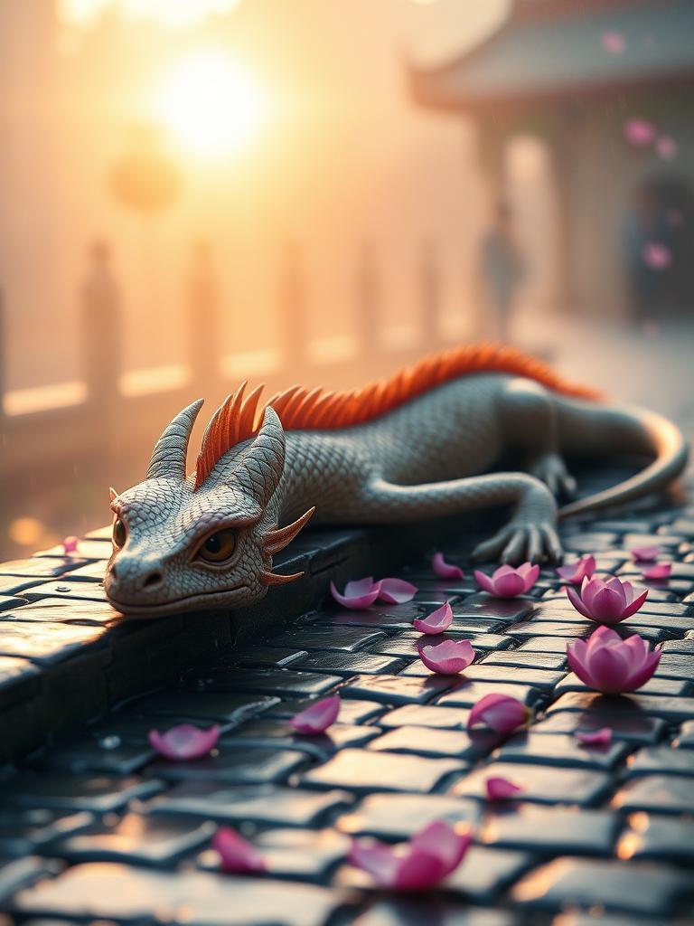 A serene lotus dragon lies on a misty, cobblestone bridge, surrounded by soft, golden light. The dragon's scales shimmer in the warm glow of sunset, with delicate, pink lotus petals drifting gently around it. A light rain falls, creating a blurred reflection on the wet stones, and the air is filled with the sweet scent of blooming flowers. The dragon's eyes are calm, with a hint of nostalgia, as if remembering a cherished moment. In the distance, soft music and gentle laughter can be heard, adding to the peaceful atmosphere. The scene is dreamy, with a sense of longing and beauty, capturing a fleeting moment in time.