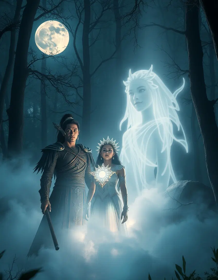 mystical glowing princess (Ayuna) emerges from white mist in enchanted forest under full moon, male warrior (Arif) emotional and shocked, ghostly spirit of female warrior (Cahaya) smiling in the background fading into light, epic fantasy atmosphere, ultra-detailed CGI, 8k, dramatic lighting, magical haze