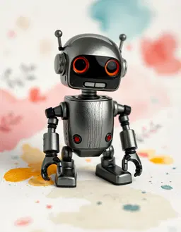 a sleek robot in bold black outlines and jewel‑tone accents, rendered with laurel burch’s vibrant folk‑art motifs, placed on watercolor‑soft washes of textured paper, captured with a tilt‑shift effect that blurs the edges and creates a miniature, shallow‑depth‑of‑field look; delicate splattering, fine brush strokes, and layered color washes surround the metallic form, which features wood‑grain texture, subtle gradients, and gentle shadows that echo the flowing watercolor background, whimsical motifs and expressive lines framing the scene in a lively, vibrant palette.