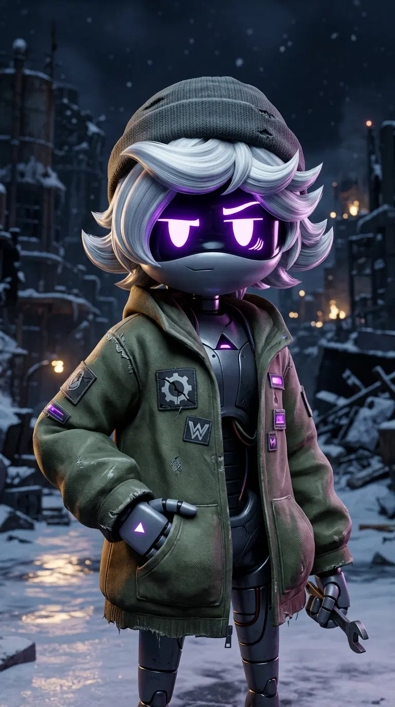 Original character in the Murder Drones animated series style: a worker drone girl with a glowing purple LED visor face, white hair, beanie and oversized jacket, 3D animated look, snowy ruined city at night behind. Portrait framing from the waist up, face in the upper third of the frame, one character only. No text, no logo, no watermark.