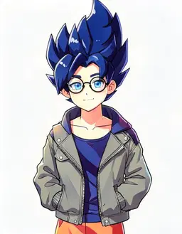 Redraw the person in the reference image as a VTuber character portrait of male, them, fully clothed, deep blue hair, clear blue eyes, round glasses, clean anime VTuber model art, cel-shaded 2D illustration, crisp lineart, vivid colours, soft rim lighting, head and shoulders, facing forward, plain flat white background. Keep their face, hairstyle and distinguishing features clearly recognisable as the same person.
