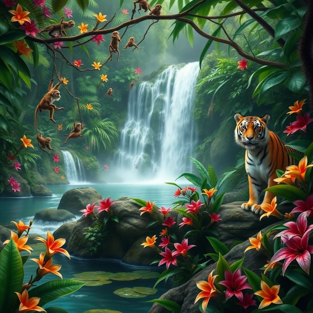 A hidden tropical paradise, where waterfalls cascade into natural pools surrounded by dense jungle. Exotic flowers bloom in every direction, their petals rich with vibrant hues. A family of playful monkeys swings from the vines while a lone tiger watches from the shade, its amber eyes gleaming. The air is thick with the songs of unseen creatures, and the entire scene feels like a glimpse into a lost Eden.