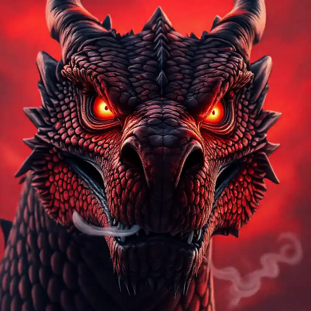  Illustrate a hyper-realistic close-up of a dragon’s face. The dragon’s scales, in intricate patterns of deep red and black, are illuminated by a subtle light, enhancing their texture and sheen. The dragon’s eyes, glowing an intense red, reflect ancient wisdom and fierce power. Its nostrils emit a fine wisp of smoke, hinting at the fire within. Sharp, menacing teeth are visible as its mouth is slightly open, and the detailed, scaly skin around the eyes and snout emphasizes its fearsome and majestic presence. The background is a blurred, dramatic red sky, keeping the focus on the dragon's imposing face.