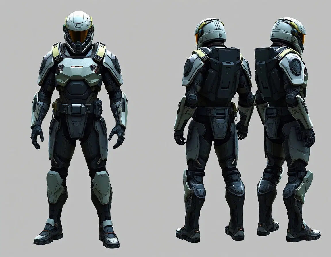 Futuristic sci-fi soldier with full armor. Photo realistic style. Model sheet with front, back and side view of the model. Fantasy sci-fi