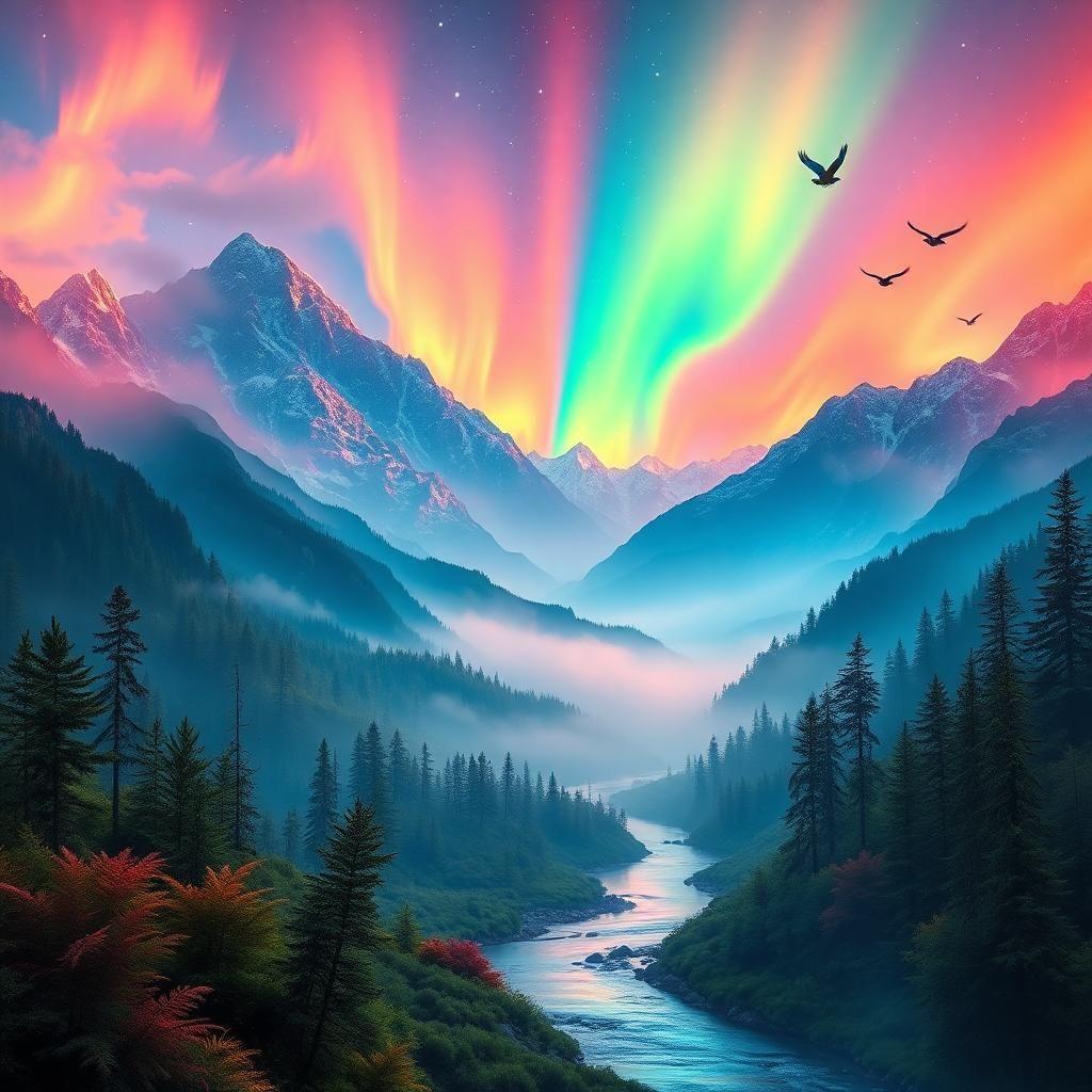 a resplendent, sparkling wonderland at break of day, where rainbow-hued peaks glisten with wispy, effervescent light rays - effulgent aurora in cherry red, electric blue, and brilliant orange hues. iridescent mist envelops the valleys below, casting a kaleidoscope effect, as shimmering hues appear to levitate in mid-air.

a crystal-clear river flows through a vibrant, emerald-green forest, with ferns in electric blue, scarlet, and pale peach hues, reflecting the mesmerizing sky like a colossal, perfect mirror.

rainbow-plumed birds flutter above, their silhouettes contrasting sharply with the sky, like meticulous, hand-bejewelled watercolours - blending pale lilacs with coral - against the infinite vastness of the aurora-drenched sky.

the air is filled with the fragrance of fragrant pine, lavender, and intoxicating vanilla, carried on a gentle breeze, while the distant roar of a rainbow-streaked waterfall adds to the enchantment of pristine, unbridled, surreal wilderness, splashing every colour of the rainbow spectrum.

artistic style: whimsical watercolour with intricately intertwined sparkles.
background: a boundless, moonless night sky slightly tinged with haze of blue grey with occasional peeks of glimmering streaks of aurora, allowing the rainbow-hued mountain range to stand out majestically.

mood: pure delight, heartwarming peace.
emotions evoked: curiosity, joy, amazement, serenity.