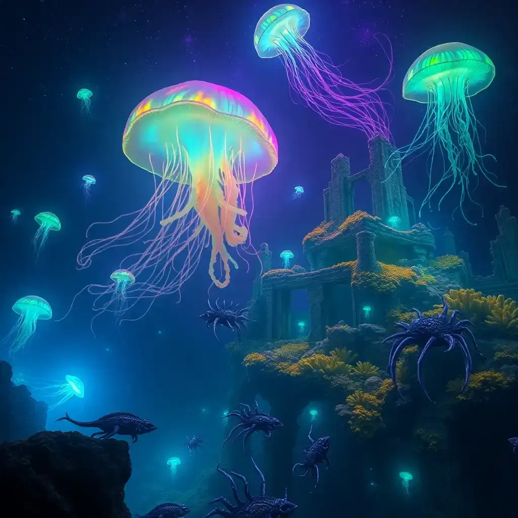 A mystical deep-sea realm untouched by humanity, where colossal bioluminescent creatures drift through the eternal darkness. Massive jellyfish pulse with neon colors, their tendrils stretching for miles. Ancient, submerged ruins hint at a lost civilization, their structures encrusted with coral and glowing moss. Strange, anglerfish-like predators cast eerie blue-green lights as they stalk their prey. The water is thick with tiny, glowing particles, creating an atmosphere of otherworldly wonder. The deeper one goes, the more surreal the world becomes, with creatures and landscapes that defy the imagination.
