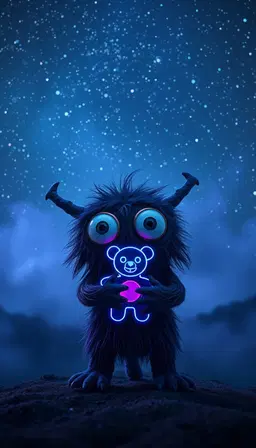 quirky handmade monster, an adorable whimsical creature with large expressive eyes, holding a tiny neon teddy bear monster, set beneath a vast night sky of endless stars, lonely starlight mood, cool blues and purples dominate, serene cosmic melancholy, subtle studio lighting, swirling mist background, pastel neon highlights.