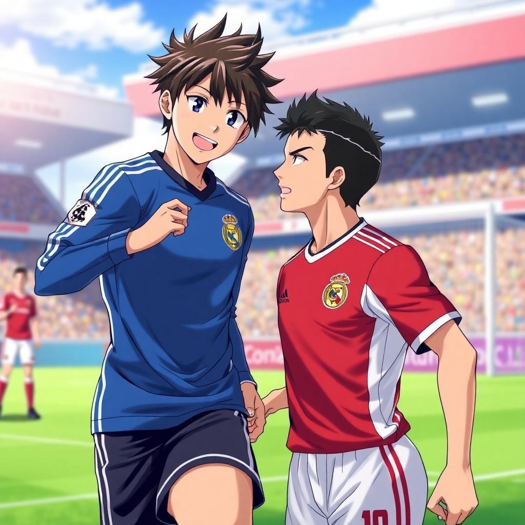 Isagi Yoichi from the anime blue Lock with cristiano ronaldo next to him on a football pitch